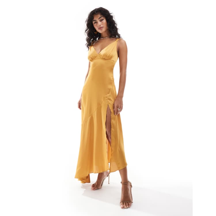 TFNC satin maxi dress with paneled skirt in marigold | ASOS