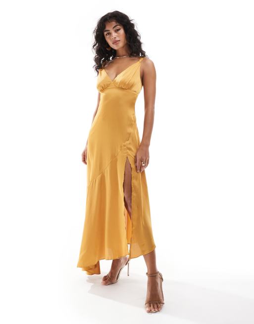 TFNC satin maxi dress with paneled skirt in marigold