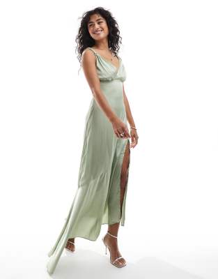 satin maxi dress with paneled skirt in sage-Green