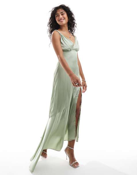 TFNC satin maxi dress with panelled skirt in sage - view 1