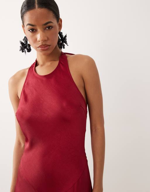 TFNC – Satin-Maxikleid in Rot mit Racer-Ausschnitt, Schleifendetail und Neckholder, 3 von 4