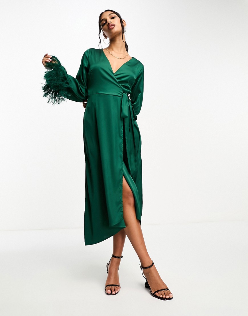 TFNC satin midi wrap dress with faux feather cuffs in emerald green