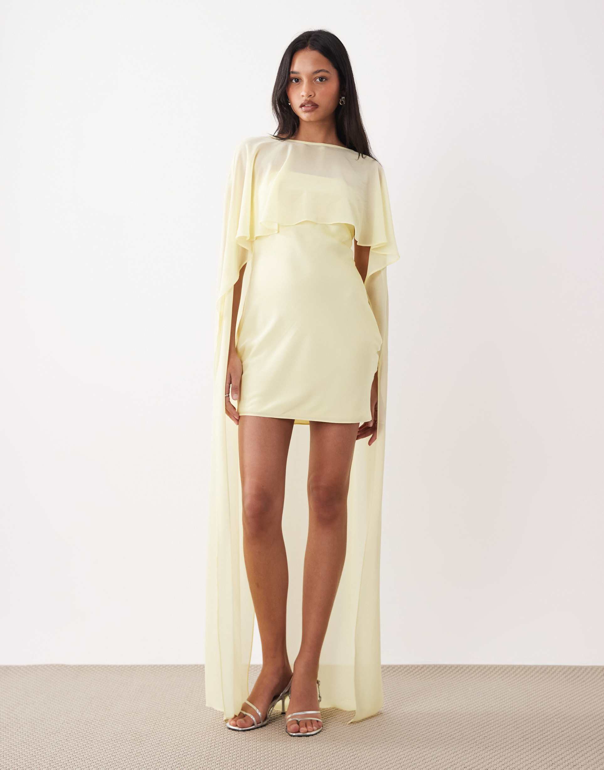 tfnc satin mini dress with mesh cape and skirt in butter yellow