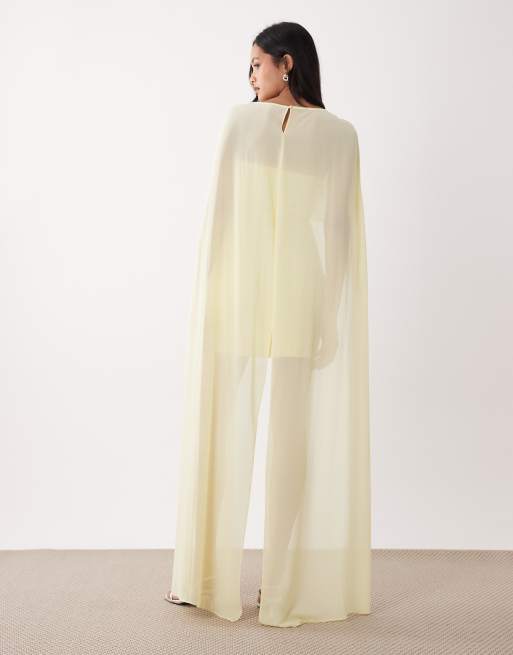 TFNC satin mini dress with mesh cape and skirt in butter yellow, 3 of 4