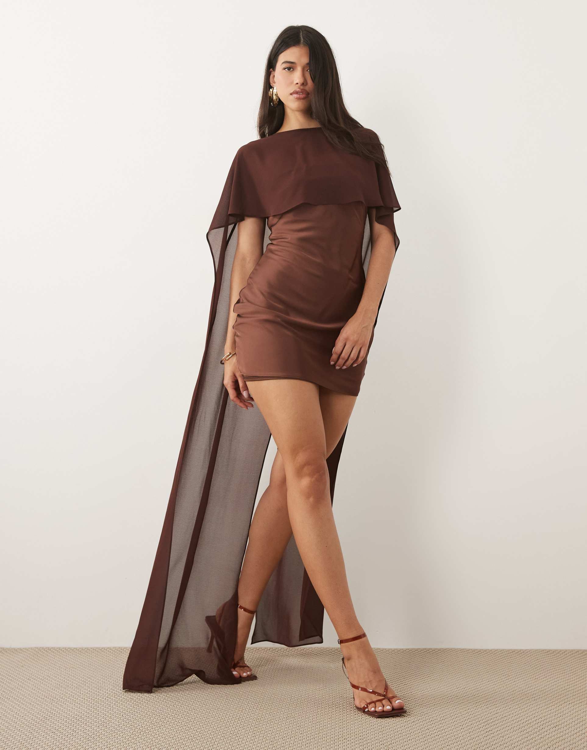 tfnc satin mini dress with mesh cape and skirt in chocolate