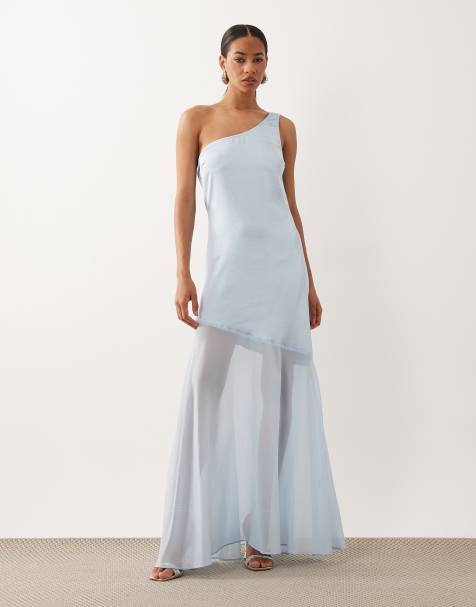 TFNC satin one shoulder cowl back chiffon maxi dress in light blue - view 1