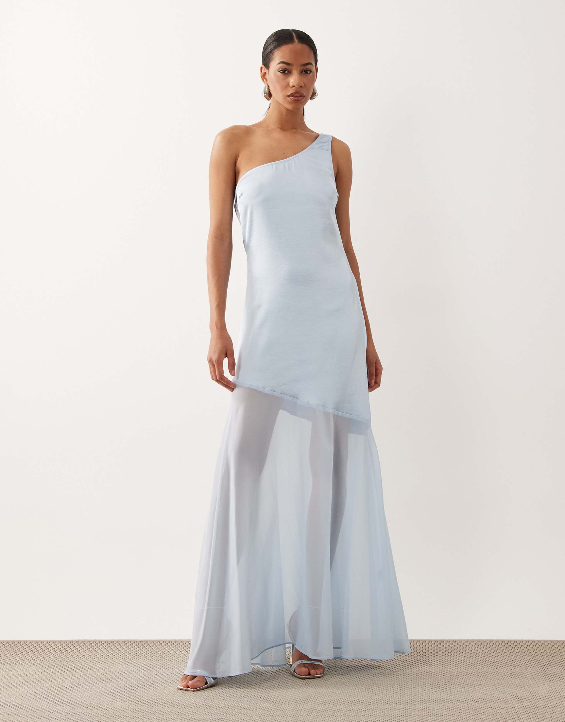 tfnc satin one shoulder cowl back chiffon skirt maxi dress in light blue
