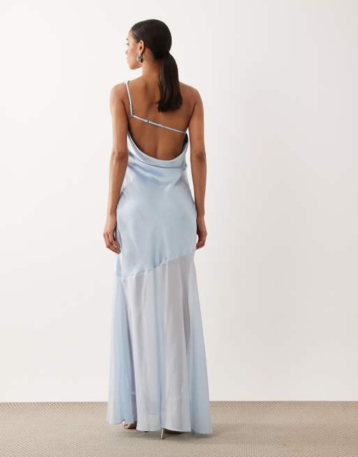 TFNC satin one shoulder cowl back chiffon skirt maxi dress in light blue, 4 of 4