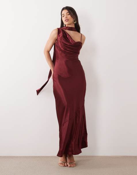 TFNC satin one shoulder cowl neck scarf detail maxi dress in burgundy - view 1