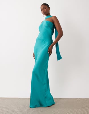 Tfnc Satin One Shoulder Maxi Dress With Scarf In Blue