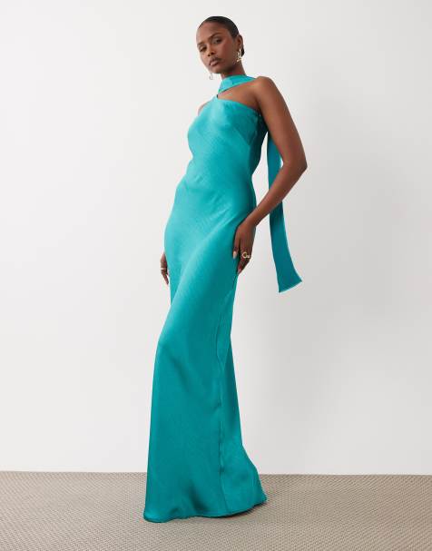 TFNC satin one shoulder maxi dress with scarf in aqua - view 1