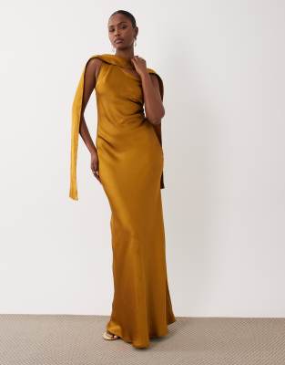 Tfnc Satin One-shoulder Maxi Dress With Scarf In Brown