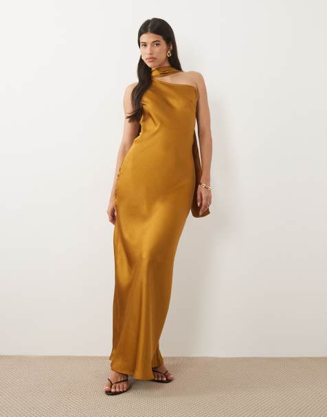 TFNC satin one shoulder maxi dress with scarf in bronze