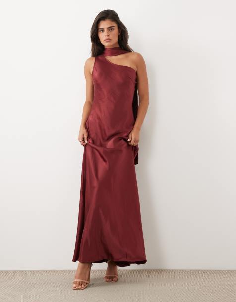 TFNC satin one shoulder maxi dress with scarf in burgundy - view 1