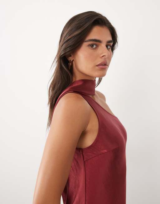 TFNC satin one shoulder maxi dress with scarf in burgundy, 3 of 4