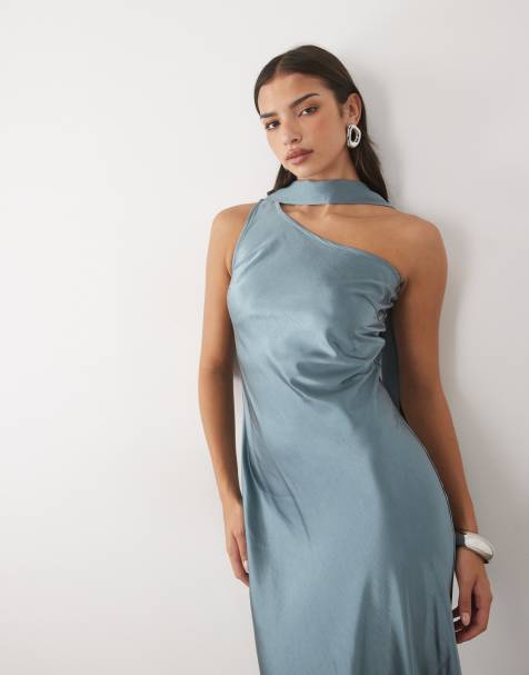 TFNC Satin-One-Shoulder-Maxikleid mit Schal in Schieferblau - view 1