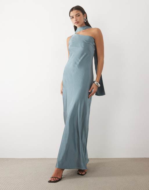 TFNC satin oneshoulder maxikjole med tørklæde i skiferblå, 2 af 4