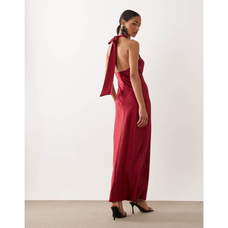 TFNC satin racer halter bow detail maxi dress in red | ASOS