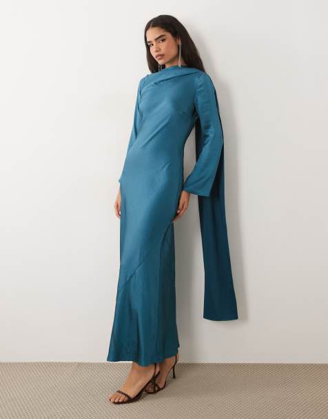 TFNC satin scarf detail bias maxi dress in blue