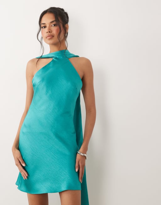 TFNC satin scarf detail mini dress in teal, 2 of 4