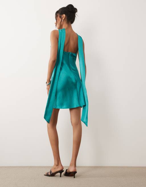 TFNC satin scarf detail mini dress in teal, 3 of 4