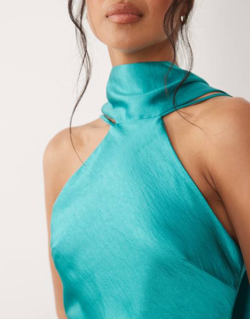 TFNC satin scarf detail mini dress in teal, 4 of 4
