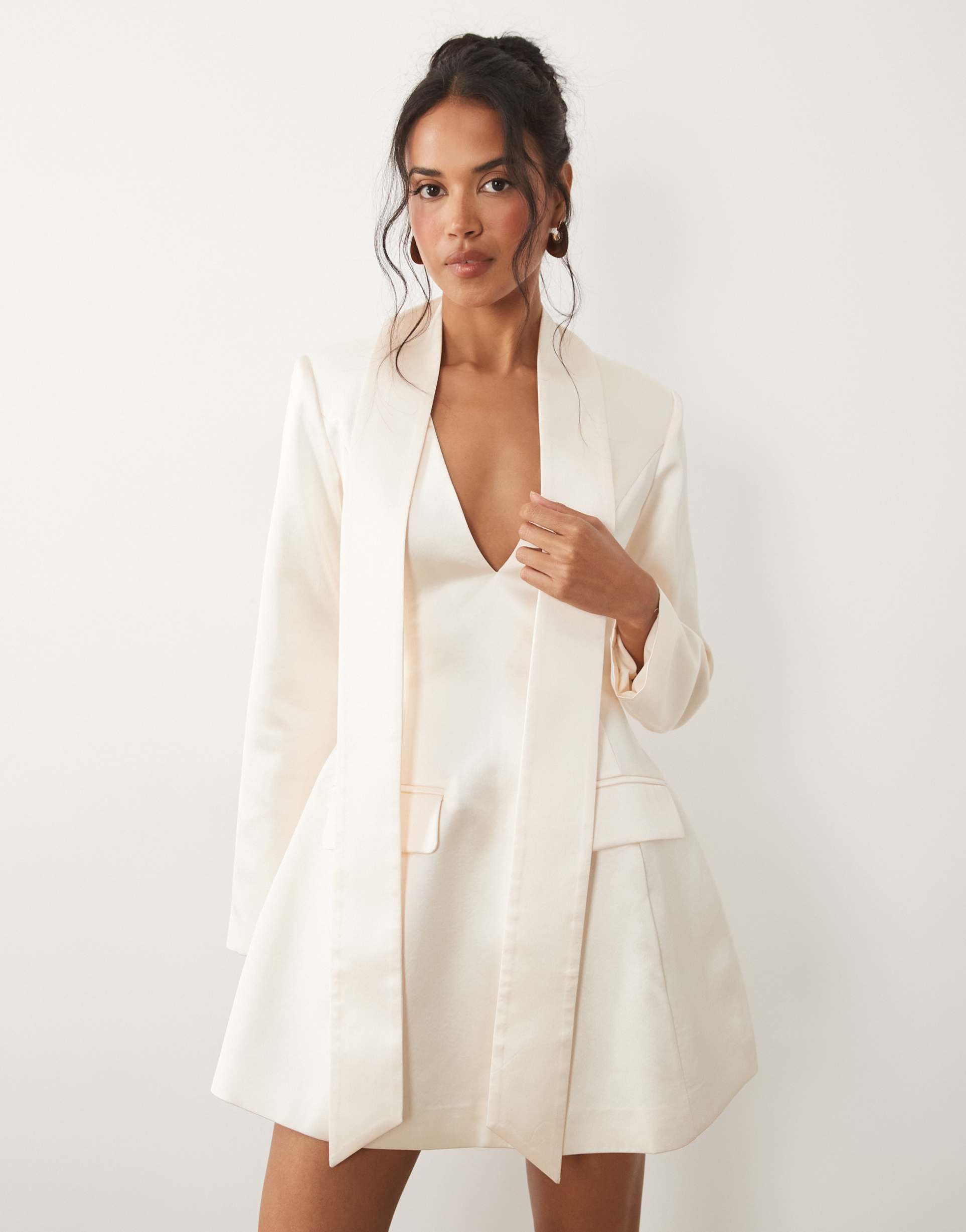 tfnc satin scarf detail v neck with shoulder pad detail mini dress in ivory