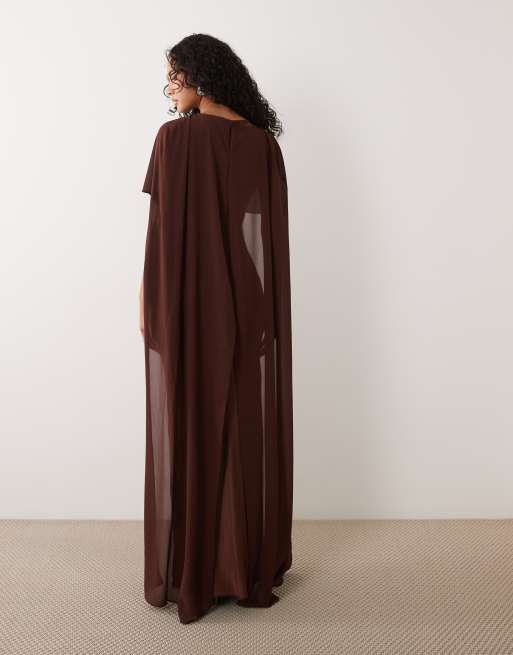 TFNC satin slash neck cape detail maxi dress in chocolate, 4 of 4