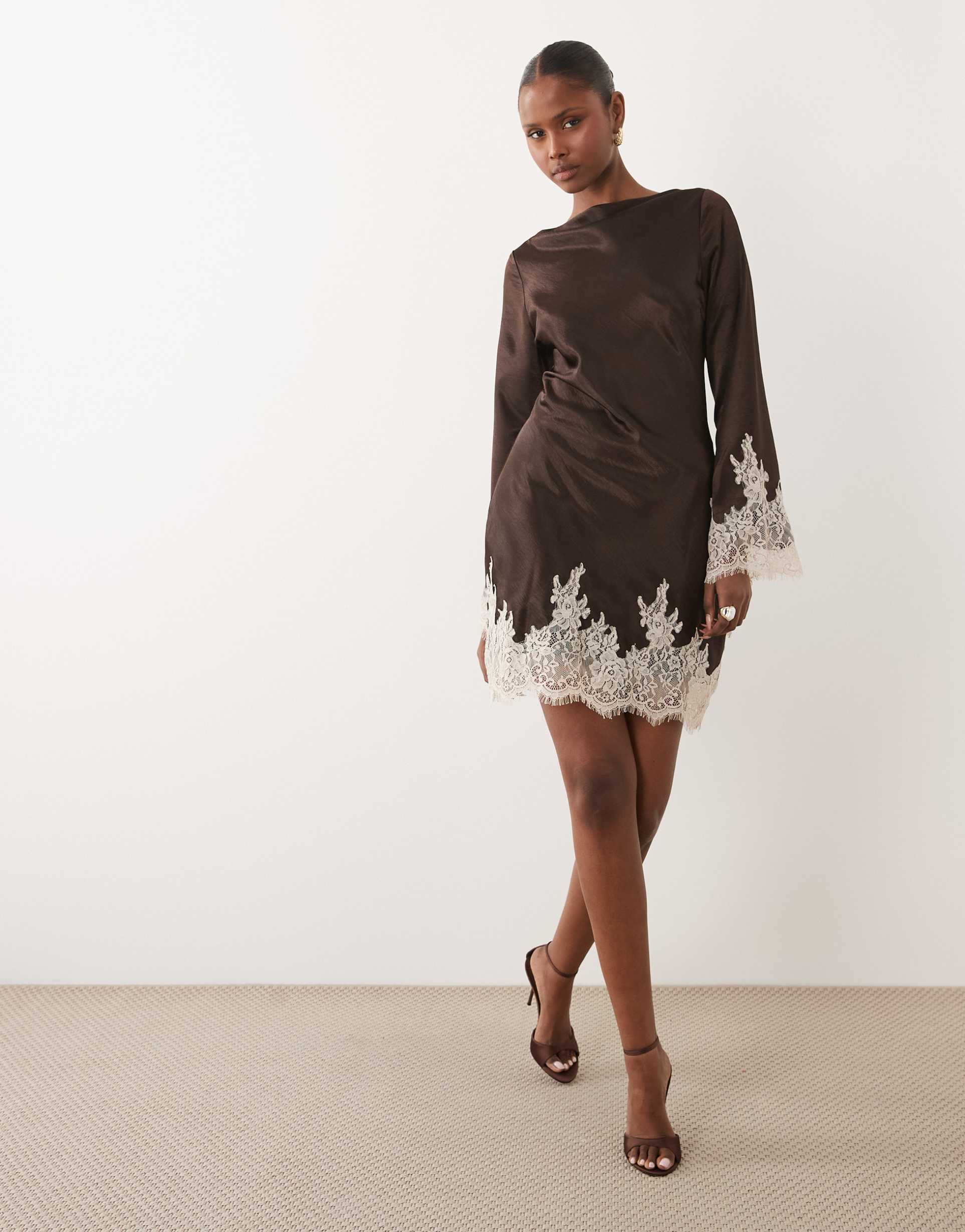 tfnc satin slash neck long sleeve lace detail mini dress in chocolate