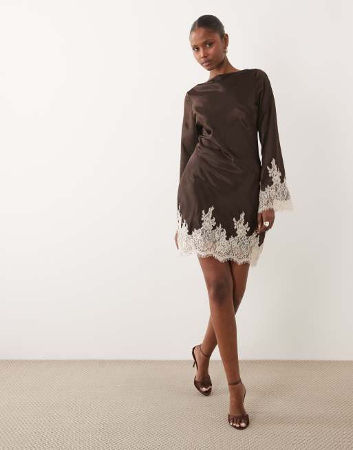 TFNC satin slash neck long sleeve lace detail mini dress in