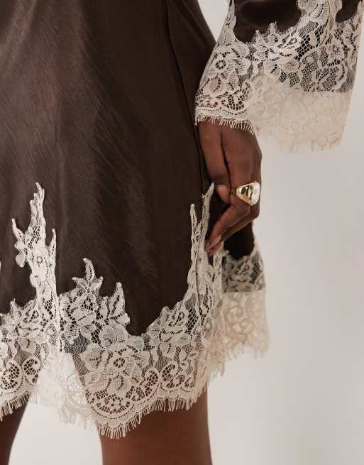 TFNC satin slash neck long sleeve lace detail mini dress in chocolate, 3 of 4
