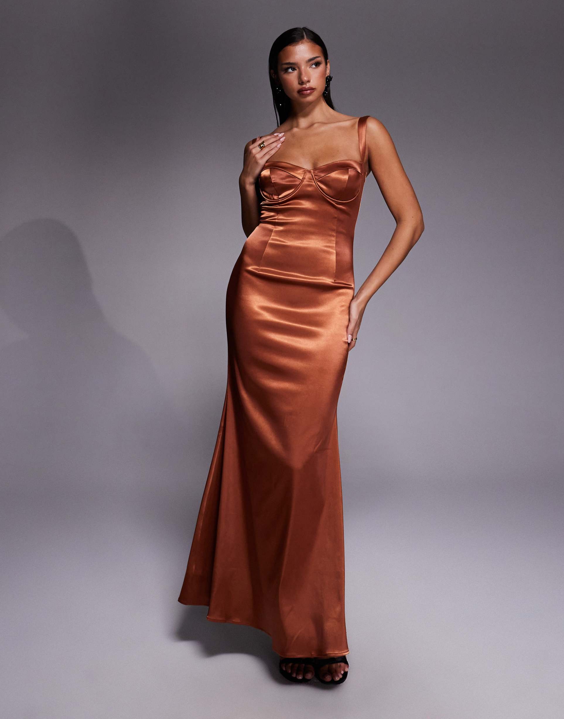 tfnc satin sweetheart neck cup detail maxi dress in rust