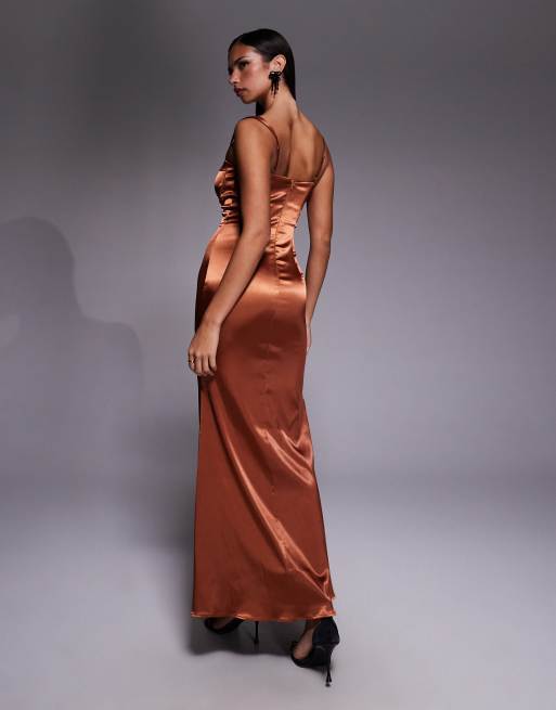 TFNC satin sweetheart neck cup detail maxi dress in rust, 3 of 4