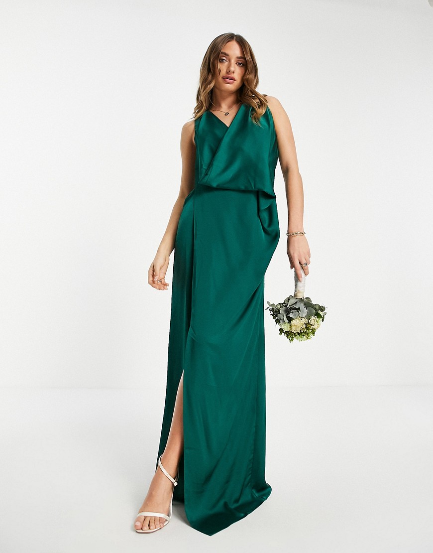 tfnc satin wrap maxi dress in emerald green - dgreen