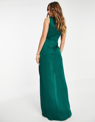 TFNC satin wrap maxi dress in emerald green