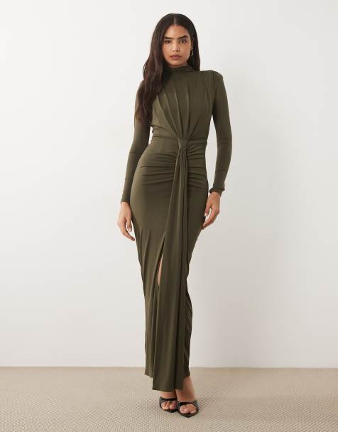 TFNC sculpted high neck shoulder pad detailing draped front maxi dress in khaki green - view 1