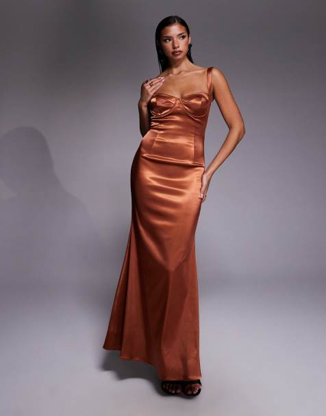 TFNC Selma satin sweetheart neck cup detail maxi dress in rust