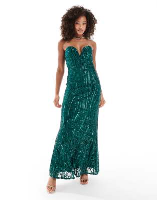 sequin bandeau maxi dress in emerald green