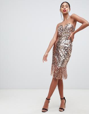 gold fringe sequin midi dress