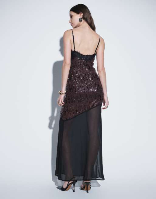 TFNC sequin cami lace detail maxi dress in chocolate, 4 of 8
