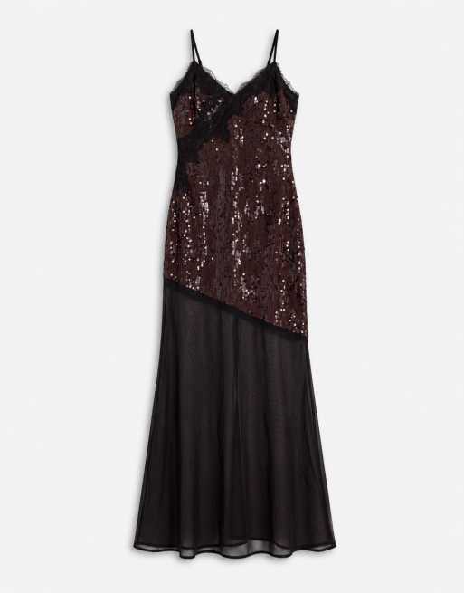 TFNC sequin cami lace detail maxi dress in chocolate, 5 of 8