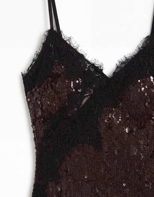 TFNC sequin cami lace detail maxi dress in chocolate, 8 of 8