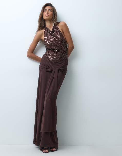 TFNC sequin cowl neck slinky drape detail maxi dress in chocolate - view 1