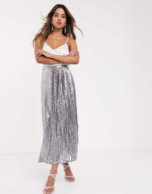 TFNC sequin double layered pleat midi skirt in silver