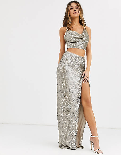 TFNC sequin draped crop top in silver and gold