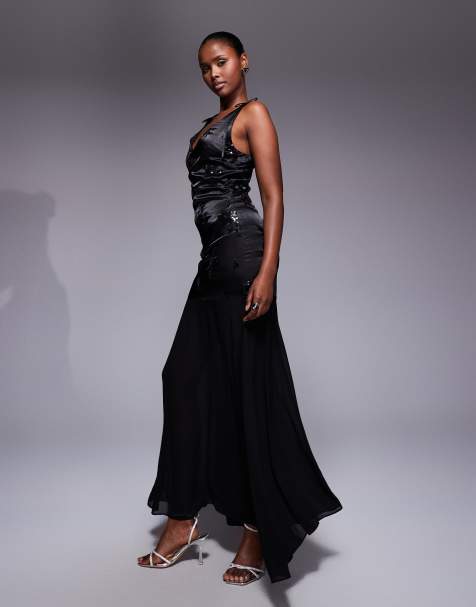 TFNC sequin embroidered maxi dress with chiffon skirt in black satin  - view 1