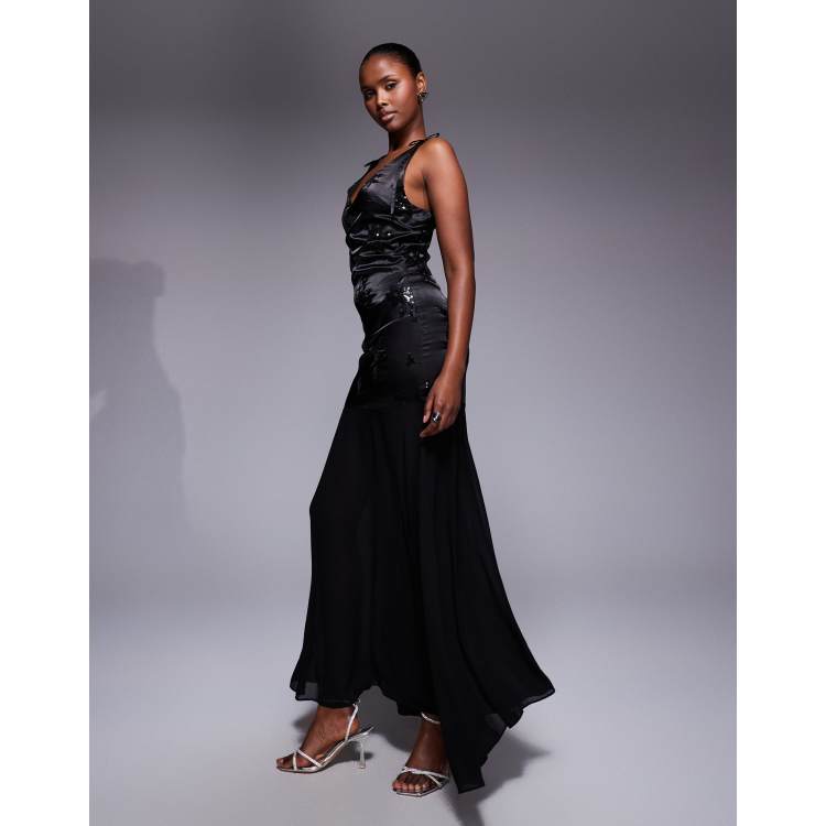 black chiffon sequin dress TFNC sequin embroidered maxi dress with chiffon skirt in black satin