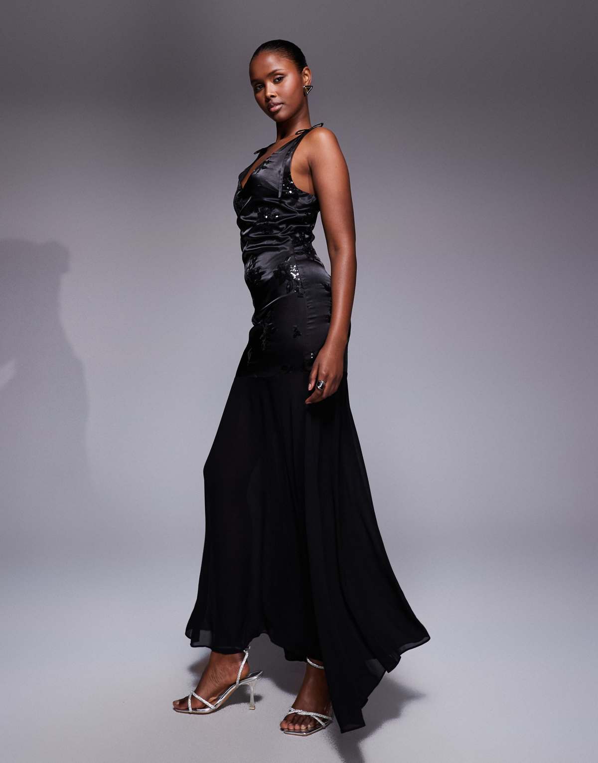 TFNC sequin embroidered maxi dress with chiffon skirt in black satin