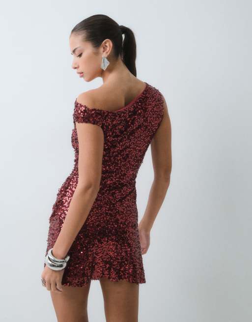 TFNC sequin fallen shoulder detail mini dress in burgundy, 5 of 5