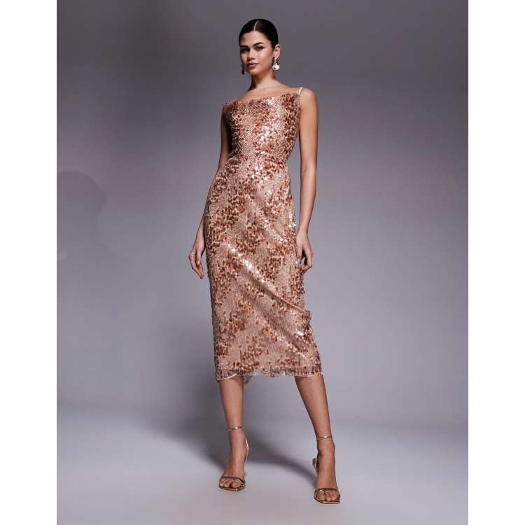 TFNC sequin midaxi dress with scalloped hem in rose gold